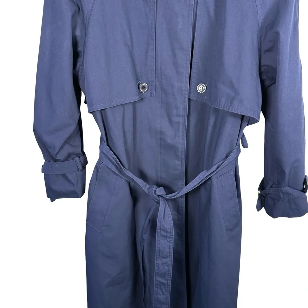 Image Navy Belted Trench Coat Size L or XL Classic Minimalist Outerwear - Picture 14 of 15